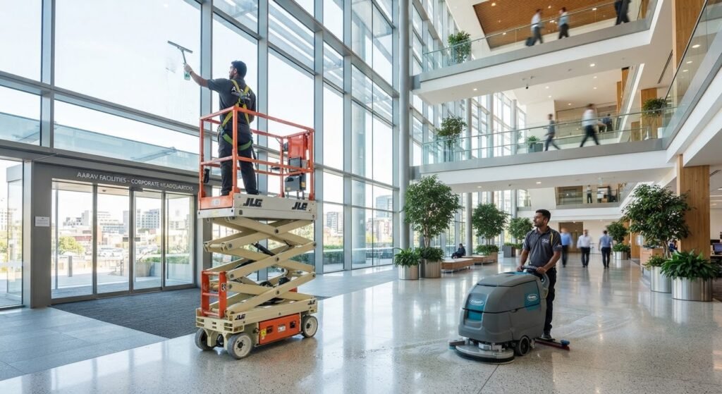 Glass atrium being maintained with a scissor lift and floor scrubbing machine