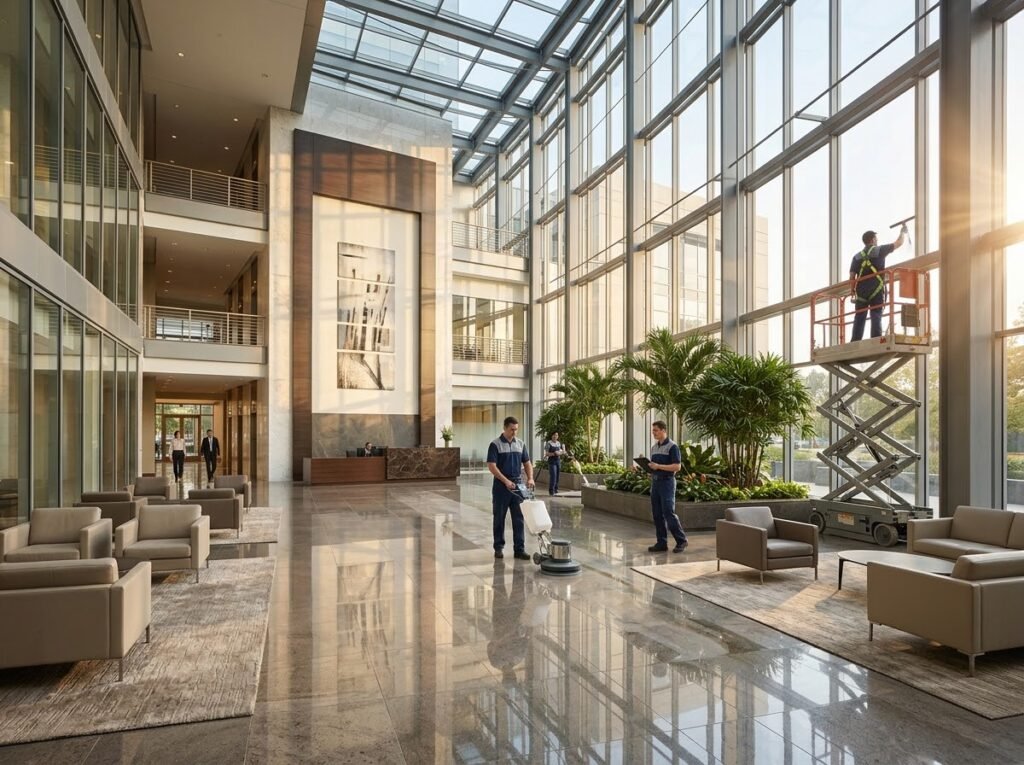 Bright corporate atrium with polished stone floors and glass curtain walls