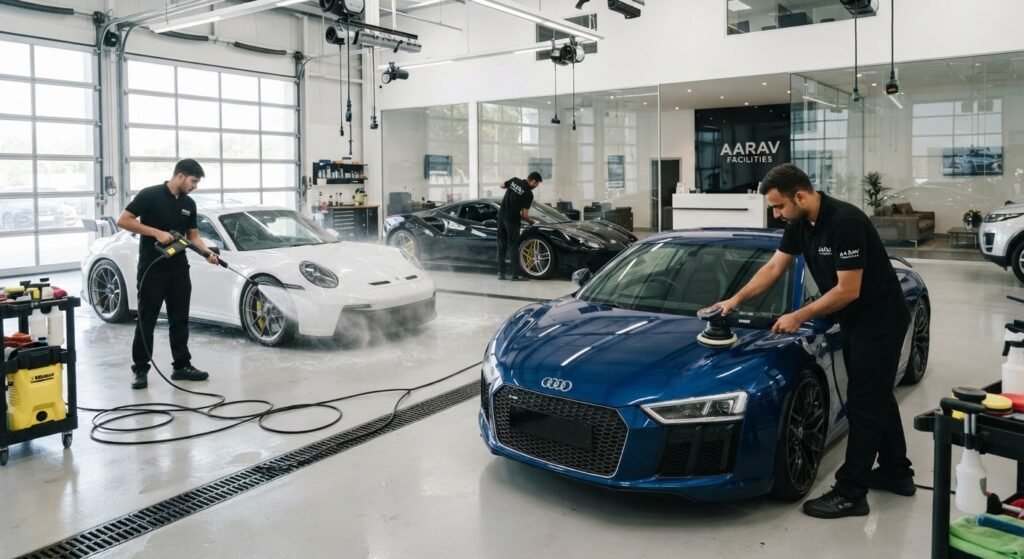 Technicians polishing cars in a dealership detailing bay