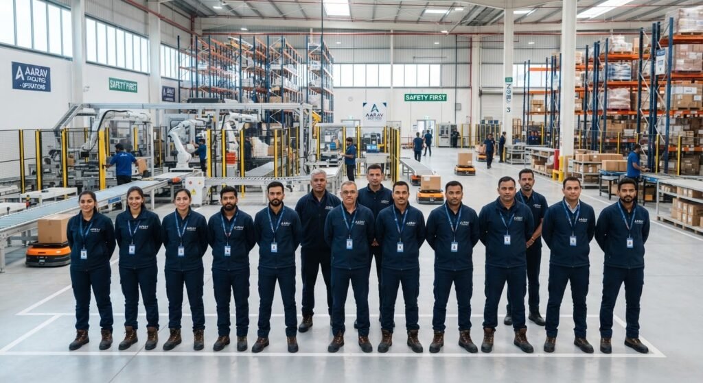 Uniformed facility team standing together inside a logistics and manufacturing site